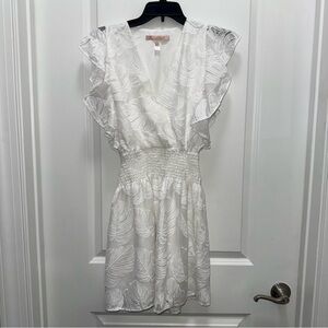 Hutch White Leaf Pattern Ruffle Sleeve Mini Dress